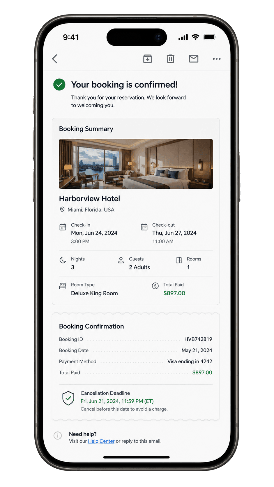 A hotel booking confirmation ready to upload