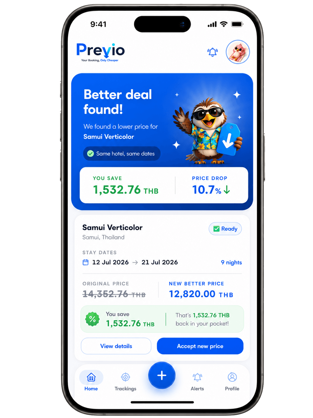 A Preyio alert showing a lower price found for the same room