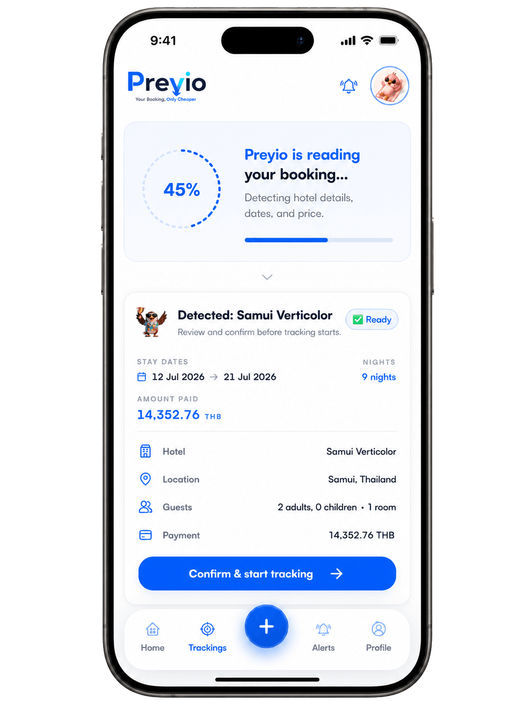 Preyio detecting the hotel, dates and price from the booking