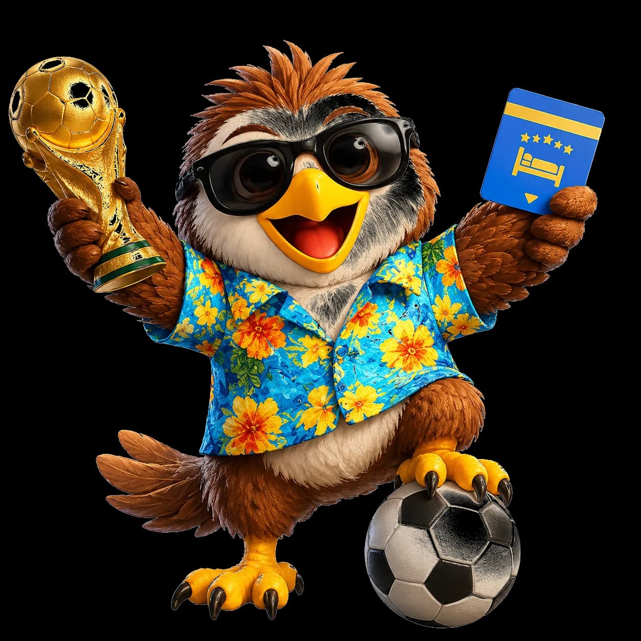 Pip the hawk holding the World Cup trophy and a hotel keycard