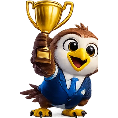 Pip with a trophy, celebrating a saved hotel booking